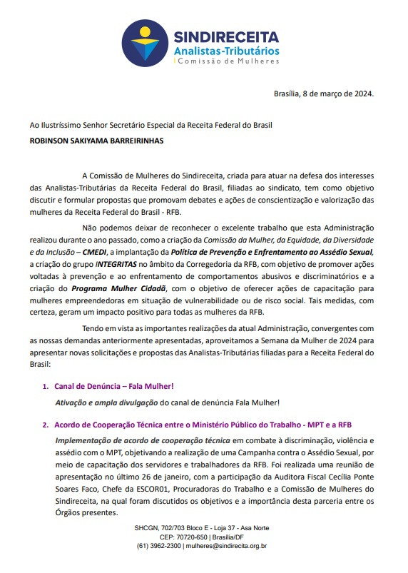 Sindireceita Comissão de Mulheres carta secretário RFB 1